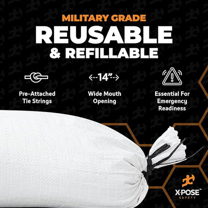 Xpose Safety Heavy Duty Sand Bags with Tie Strings – Empty Woven Polypropylene Sandbags for Hurricane Flood Protection, 50 lb Capacity, 14" x 26", White, Bulk Full Pallet Pack of 15000
