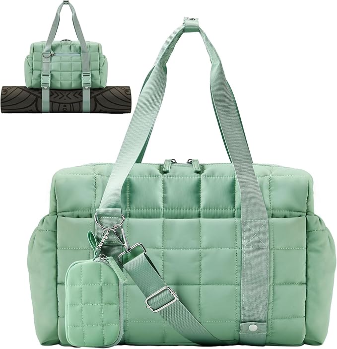 Small Gym Bag for Women, Puffy Sports Duffel Bag with Yoga Mat Holder, Gym Tote Bag with Wet Pocket & Coin Wallet, Carry on Bag for Workout Dance Pilates Ballet Swimming Travel