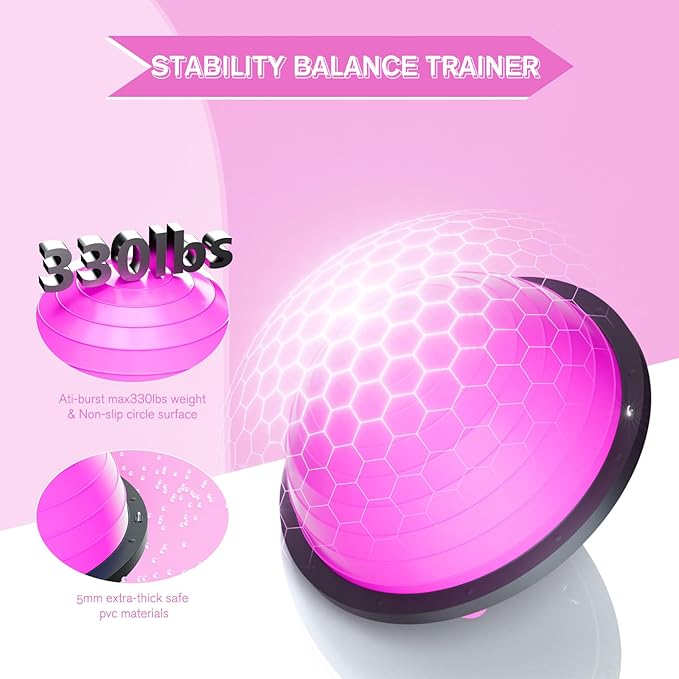 Half Balance Ball Trainer - 23 Inch Half Exercise Ball for Workout, Physical Therapy, Yoga, Home Gym, Core Strength, Stability, Fitness, Balance Training Equipment with Resistance Bands, Foot Pump