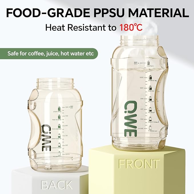 QWE Gym Plastic PPSU Water Bottles for men with Straw and Handle,Lightweight,54oz Large High-capacity for Hiking&Camping,Heat-resisting,Reusable, BPA Free,Double Drinking,leak proof(Green)