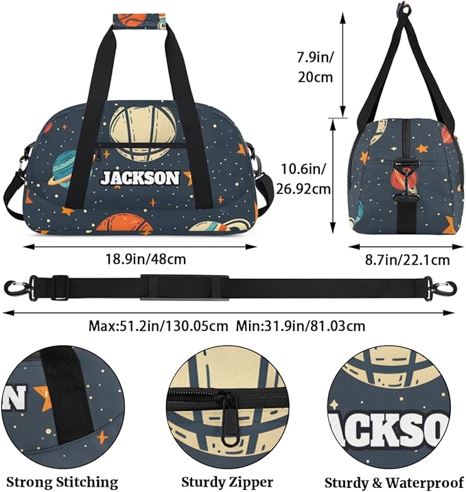 Personalized Basketball Gym Duffel Bags with Name for Kids Boys, Custom Sport Training Travel Bags for Overnight Weekender, Dark Blue Space