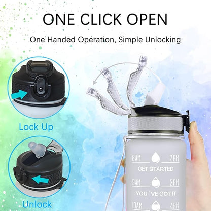 Sea Turtle Water Bottle with Straw, LeakProof, Carry Strap, BPA Free, 32 Oz Motivational Sport Water Bottle with Time Marker to Drink, Ideal for Gym Fitness Outdoor Black