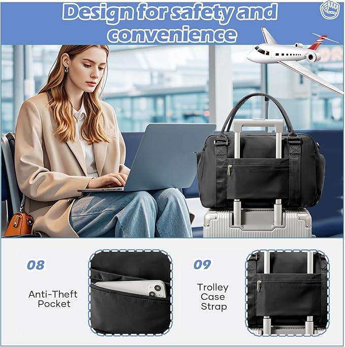 Small Black Gym Duffle Bag for Women Men with Shoe Compartment, Mini Cute Weekender Handbag Carry on Travel Bag for Airplane, Water Resistant Sports Yoga Tote Bag with Dry Wet Separated Pocket.