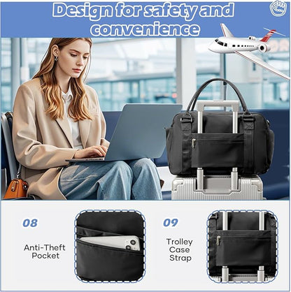 Small Black Gym Duffle Bag for Women Men with Shoe Compartment, Mini Cute Weekender Handbag Carry on Travel Bag for Airplane, Water Resistant Sports Yoga Tote Bag with Dry Wet Separated Pocket.