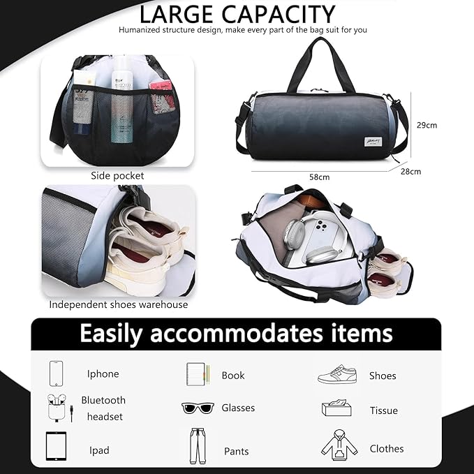 BE SMART Waterproof Mens Gym Bag with Shoe Compartment, Duffle Bag with Wet Pocket for Men, Lightweight Sport Carry On Duffel Bag for Travel, Sports, Fitness & Workout(Black Gradient)
