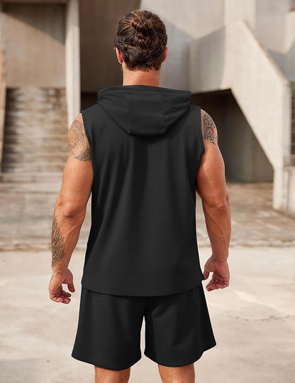 COOFANDY Mens Sleeveless Workout Hoodie Shorts Set 2 Piece Outfits Hooded Tank Tops Gym Tracksuit Sweatsuits