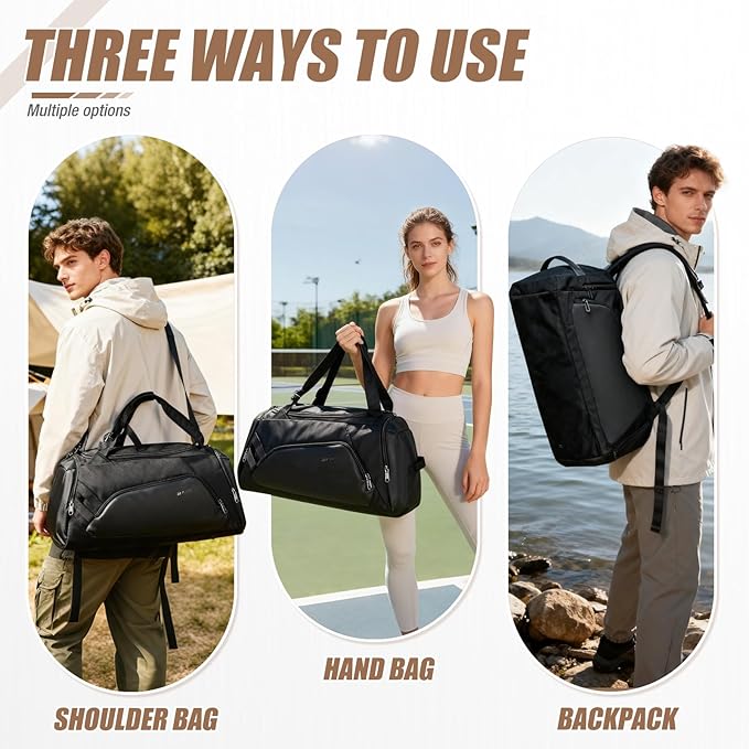 Gym Bag for Men Women, 40L Travel Duffle Sports Duffel Bag Lightweight Gym Weekender Overnight Backpack with Shoe Compartment & Wet Pocket Black