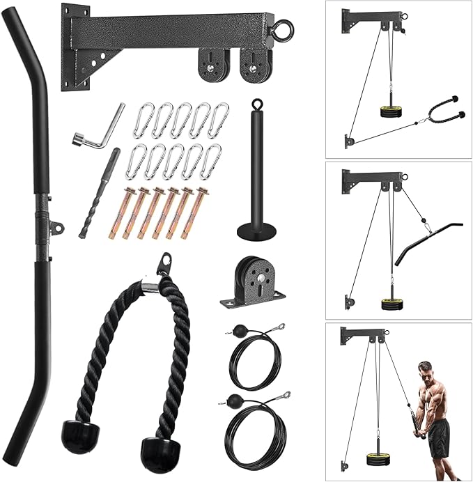 Wall Mounted Pulley System, Low Cable Machine Pulley System for LAT Pulldown, Biceps Curl Home Gym Equipment with Fitness Pull Down Bar, Tricep Rope