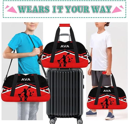 Personalized Cheerleading Dance Bag for Girls, Custom Name Sport Barrel Gym Bag Weekender Bags Carry On Travel Duffel Workout Training Bag, Red Black Cheerleaders Silhouette