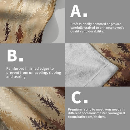 Brown Yellow Misty Forest Hand Towels Set of 2 Fall Mountain Woodland Decorative Bath Towel Nature Pine Trees Foggy Landscape Thin Kitchen Tea Dish Towels for Bathroom Spa Gym