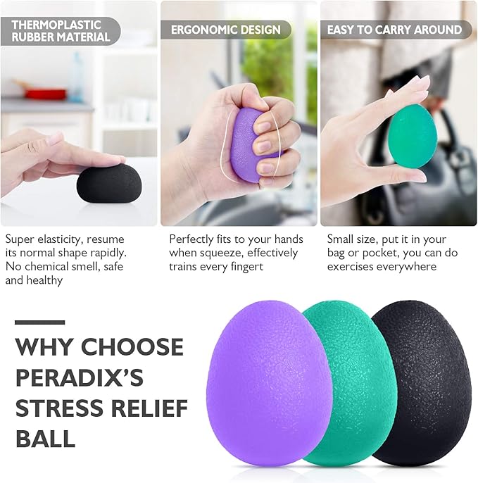 Peradix Hand Grip Strength Trainer, Stress Relief Ball, Wrist Rehab Therapy Hand Grip Equipment Ball Squishy Tools - Set of 3 Finger Resistance Exercise Squeezer