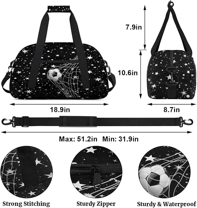 Soccer Sports Duffel Bag, Weekender Gymnastics Training Bag for Men Traveling Business Trip, Soccer Goal Stars Pattern Black