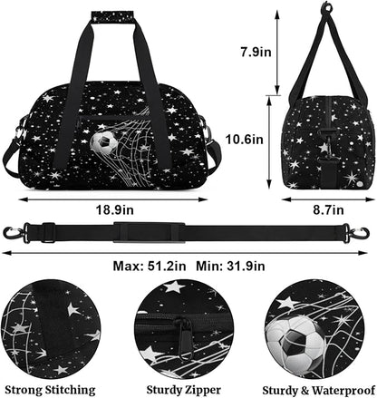 Soccer Sports Duffel Bag, Weekender Gymnastics Training Bag for Men Traveling Business Trip, Soccer Goal Stars Pattern Black