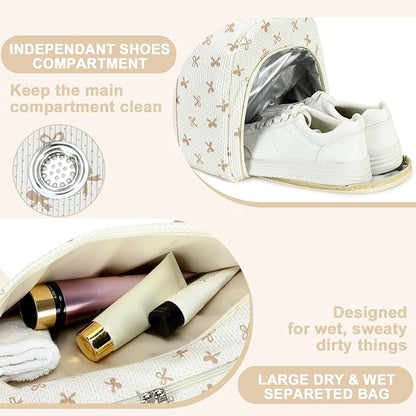 Gym Bag Sports Duffle Bag with Wet Pocket Weekender Overnight Bags with Waterproof Shoe Pouch and Air Hole for Girls Kids Women Workout Travel Bags (Brown Bow - Beige)