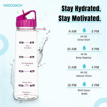 H2OCOACH Motivational Hydration Water Bottle, Fitness Sports Tritan Bottle with Straw, Gym Workout Reminder for Better Hydration Water Intake with Time Marker and Measurements, BPA-Free (30 Oz)