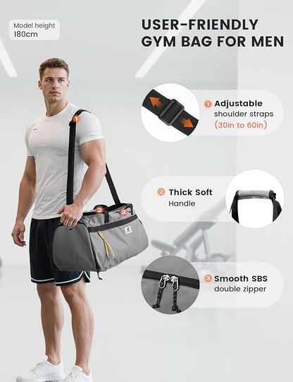 SKYSPER Gym Bag for Men & Women with Shoe Compartment, Carry-on Gym Duffle Bag for Travel and Sports, Workout Overnight Bag with Large Wet Pocket, Gray