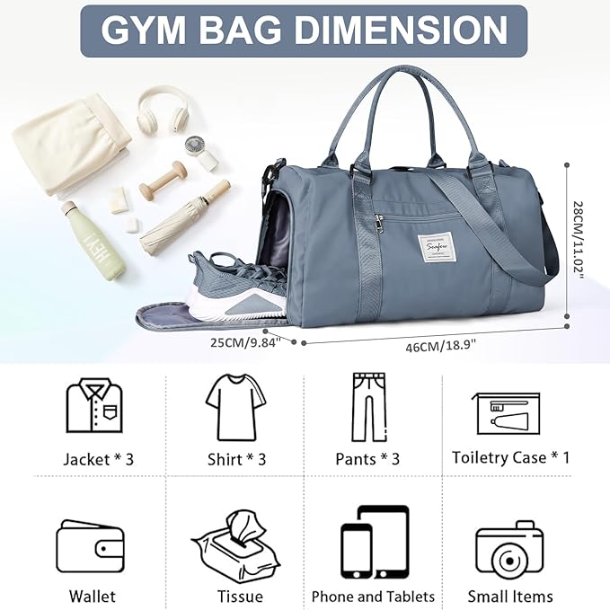 Gym Bag for Women with Shoes Compartment Small Duffel Bag Sport bag with Toiletry Bag Overnight Travel Tote Bags Weekender Carry on Bag Personal Item Bags for Airlines Grey Blue