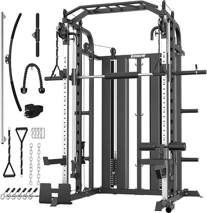 DONOW Smith Machine with Weight Stacks, Multi Function Home Gym System Training Power Cage Squat Rack Dual Cable Crossover Machine All in One