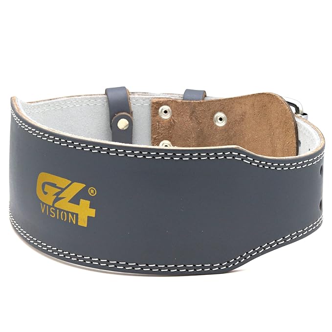 G4 Vision Genuine Leather Adjustable Weightlifting Belt 4 Gym Fitness Bodybuilding Powerlifting Deadlifting Thrusters Back Support Heavy Workout (Large, Gray)