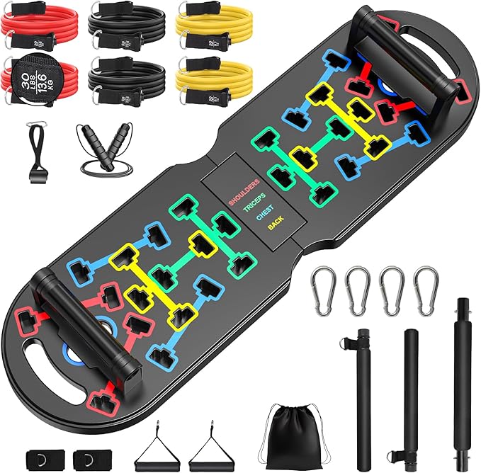 Portable Home Gym Workout Equipment, Push Up Board, Pilates Bar & Fitness Accessories with Resistance Bands for Upper Body Strength Training Full Body Workout at Home