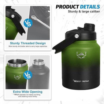 NATURE PIONEOR 84 oz Insulated Water Bottle - Double Vacuum Stainless Steel Water Jug with Holder/Carrier, Wide Mouth, Outdoor Sports, Hiking, Camping, Gym