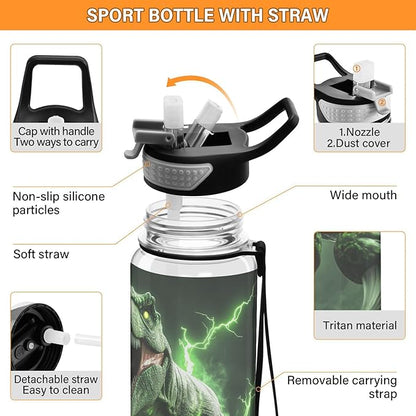 Fustylead 3d Angry Green Dinosaur 32oz Water Bottle with Straw, Leakproof Clear Sport Water Bottles for Gym Camping Hiking Travel