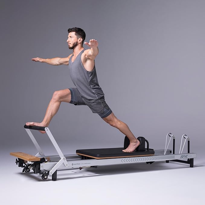 Merrithew™ at Home SPX® Reformer Package with Reformer Box, Footstrap, Padded Platform Extender and Metal Roll-up Pole – Pilates Workouts at Home
