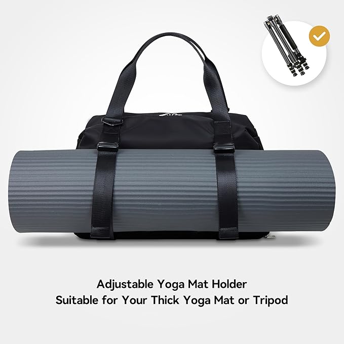 Gym Bag with Yoga Mat Holders, Carry On for Pilates Women & Men with Laptop & Shoe Compartment Large Duffle Travel Weekender Tote with Key Ring Clip Personal Item Workout, Easy to Clean - Black