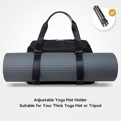 Gym Bag with Yoga Mat Holders, Carry On for Pilates Women & Men with Laptop & Shoe Compartment Large Duffle Travel Weekender Tote with Key Ring Clip Personal Item Workout, Easy to Clean - Black