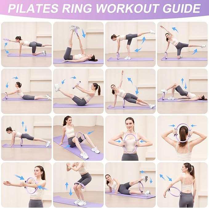Pilates Ring Fitness Circles Set, Dual Padded Handles Home Pilates Equipment Set for Women Includes 2 Pilates Ring, 2 Pilates Mini Ball, and 5 Resistance Bands at Home Pilates Workout Set