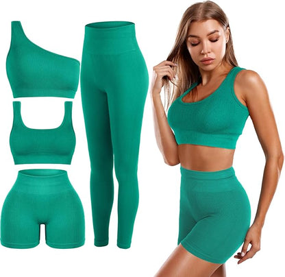 4 Pcs Women's Workout Sets Pilates Exercise Outfit Ribbed Scoop Neck Sports Bra Shorts Leggings Gym Clothes Set