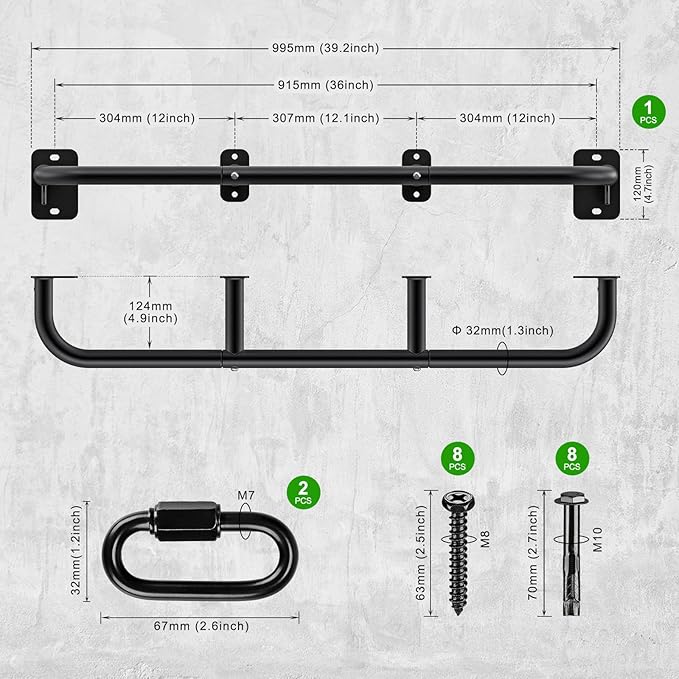 SELEWARE Heavy Duty Wall Mount Pull Up Bar, Joist Mount Chin Up Bar for Doorway, Sturdy Steel Construction, w/Resistance Band Hooks, Fits 32"/36" Wall Studs for Home Gym Strength Training