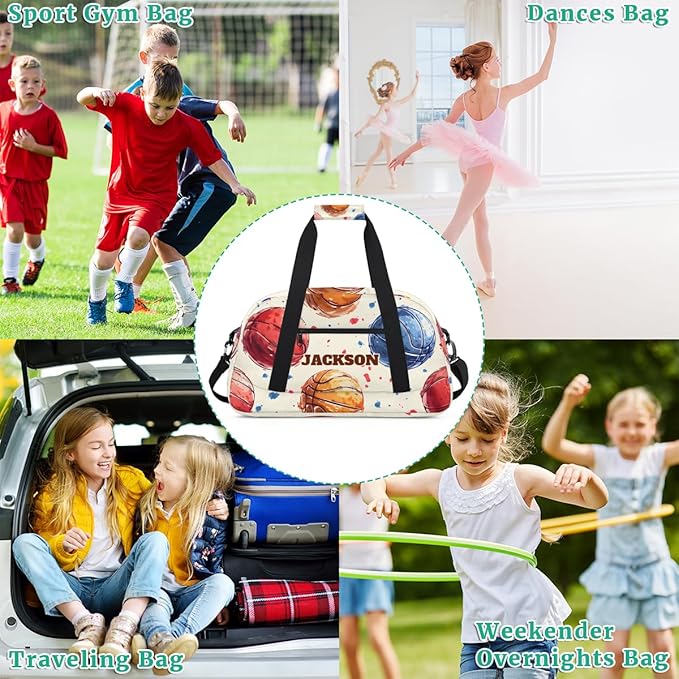 Personalized Basketball Gym Duffel Bags for Kids Boys, Custom Name Sport Training Travel Bags for Overnight Weekender, Beige