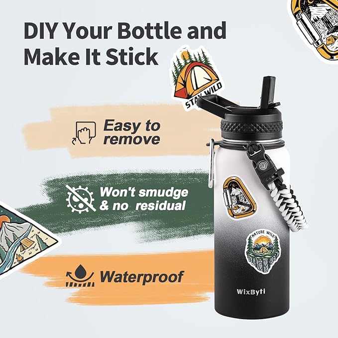 32 oz Insulated Water Bottle with Straw, Stainless Steel Triple Wall Vacuum Sports Water Jug, Leakproof Hydro Cup Flask with Paracord Handle & Straw Spout Lids & DIY Stickers
