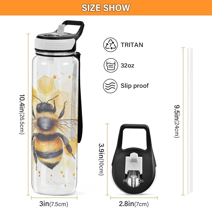 Fustylead Watercolor Honeybee on Honeycomb 32oz Water Bottle with Straw, Leakproof Clear Sport Water Bottles for Gym Camping Hiking Travel