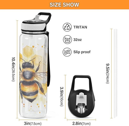 Fustylead Watercolor Honeybee on Honeycomb 32oz Water Bottle with Straw, Leakproof Clear Sport Water Bottles for Gym Camping Hiking Travel