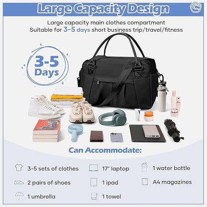 Small Black Gym Duffle Bag for Women Men with Shoe Compartment, Mini Cute Weekender Handbag Carry on Travel Bag for Airplane, Water Resistant Sports Yoga Tote Bag with Dry Wet Separated Pocket.