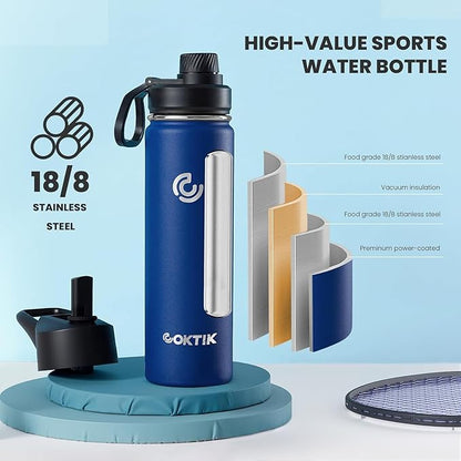 40 Pack 22 oz Sports Water Bottle With Straw,2 Lids, Stainless Steel Vacuum Insulated Water Bottles,Leakproof Lightweight, Keeps Cold and Hot, Great for Travel(Cobalt)