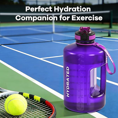 Leakproof Water Bottle Motivational with Straw & Strap, BPA Free, 128 oz Gym Water Bottle with Time Marker, Water Jug for Outdoor Enthusiasts (Purple Blue)