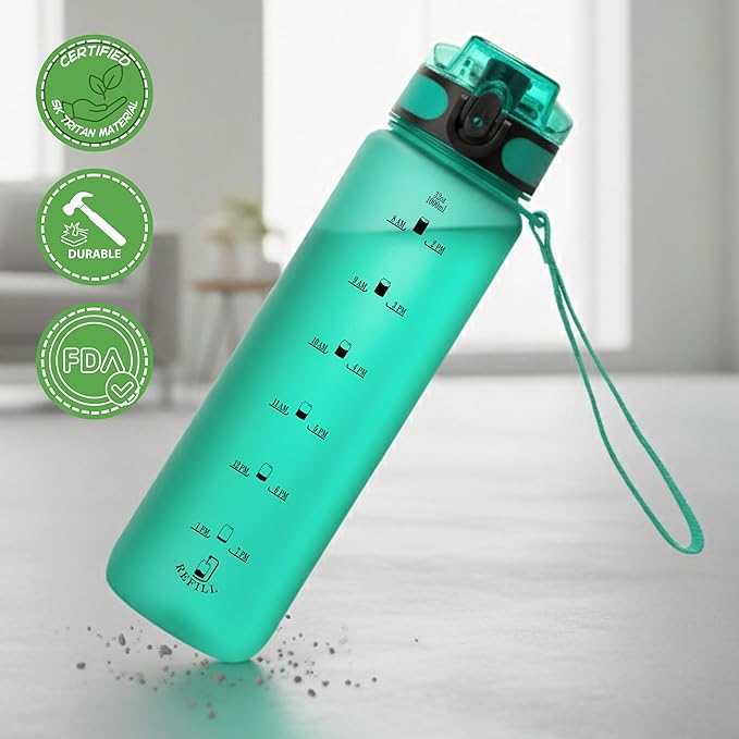 32oz Titan Water Bottle with Time-Marked, 2 Lids (Fast Flow & Straw) - BPA/BPS Free, Leak-Proof, Airtight, Reusable Water Bottle - Perfect for Sports, Hiking (Green)