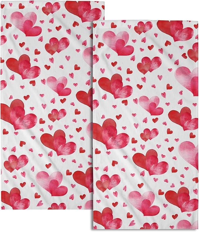 Red Love Heart Bath Hand Towels 2 Packs Happy Valentine's Day Soft Absorbent Dish Tea Towels Romantic Pink and Red Love Quick Dry Washcloths Decorative Kitchen Dish Towels for Guest Gym Spa