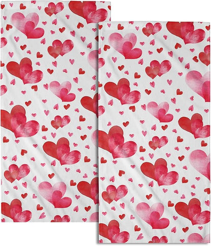 Red Love Heart Bath Hand Towels 2 Packs Happy Valentine's Day Soft Absorbent Dish Tea Towels Romantic Pink and Red Love Quick Dry Washcloths Decorative Kitchen Dish Towels for Guest Gym Spa