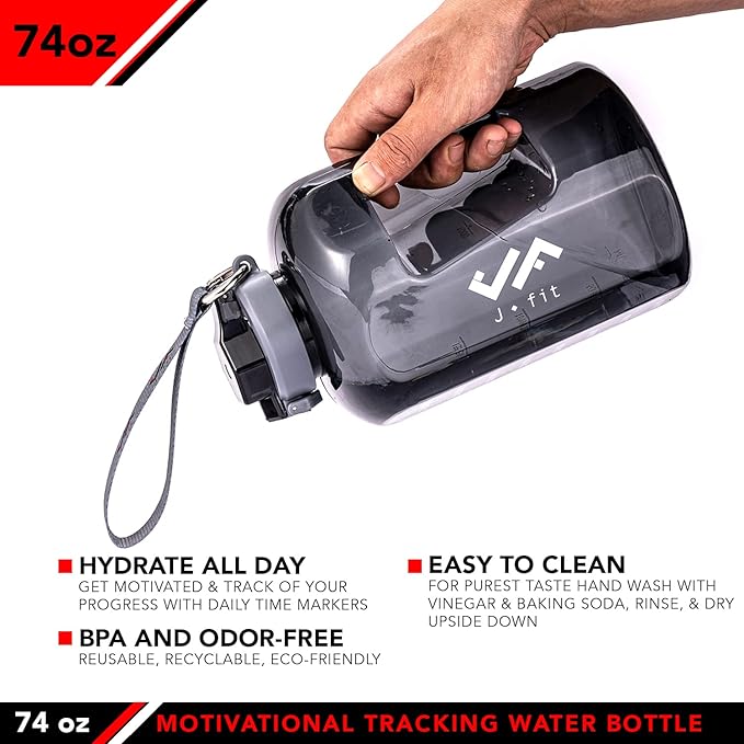 JFIT BPA Free Reusable Sports Water Bottle w/Time Markers, Leakproof Flip-Top Lid & Carry Strap – Durable PETG, 2.28" Wide-Mouth for Ice – Eco-Friendly, Odor-Free & Easy to Clean