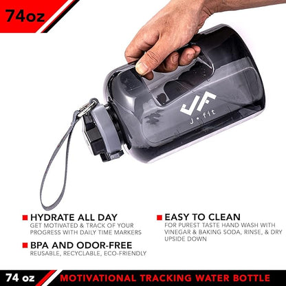 JFIT BPA Free Reusable Sports Water Bottle w/Time Markers, Leakproof Flip-Top Lid & Carry Strap – Durable PETG, 2.28" Wide-Mouth for Ice – Eco-Friendly, Odor-Free & Easy to Clean