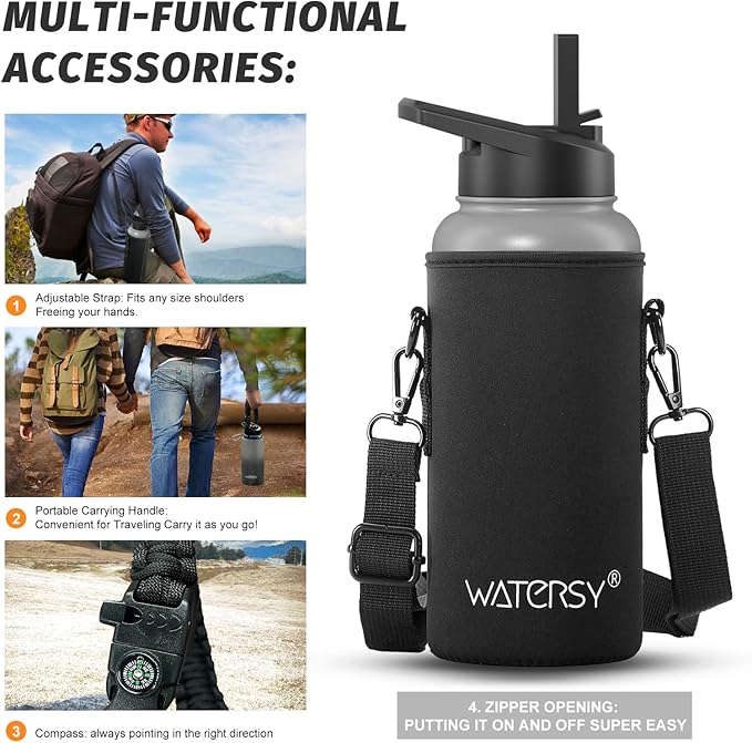 32oz Insulated Water Bottle (Cold for 48 Hrs),BPA Free&Leak Proof,Stainless Steel Water Flask,Water Jug with Straw Spout Lids for Gym,Hiking,Travel,Grey Black