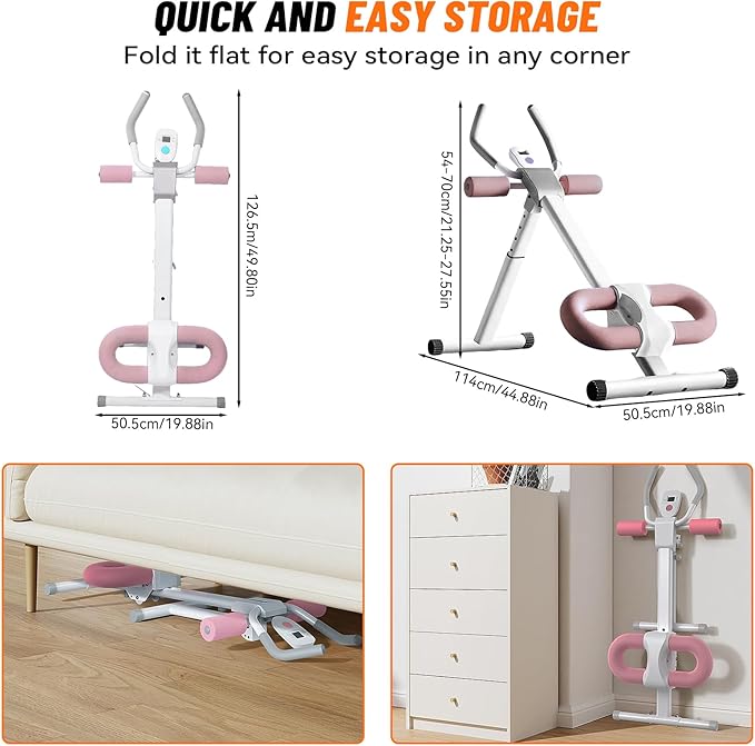 Foldable Ab Machine with Fitness Belt, Abdominal Trainer for Core Training, Adjustable Exercise Equipment, Knee/Back Support, Full Body Workout