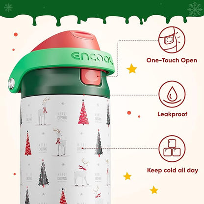 ENCOOL Christmas SwiftSip Insulated Water Bottle with Straw, Stainless Steel Water Bottle, Leak Proof BPA-Free, Keeps Cold for 24 Hours for Sports, Christmas Holiday Gifts for Women, 24oz, Nordic Noel