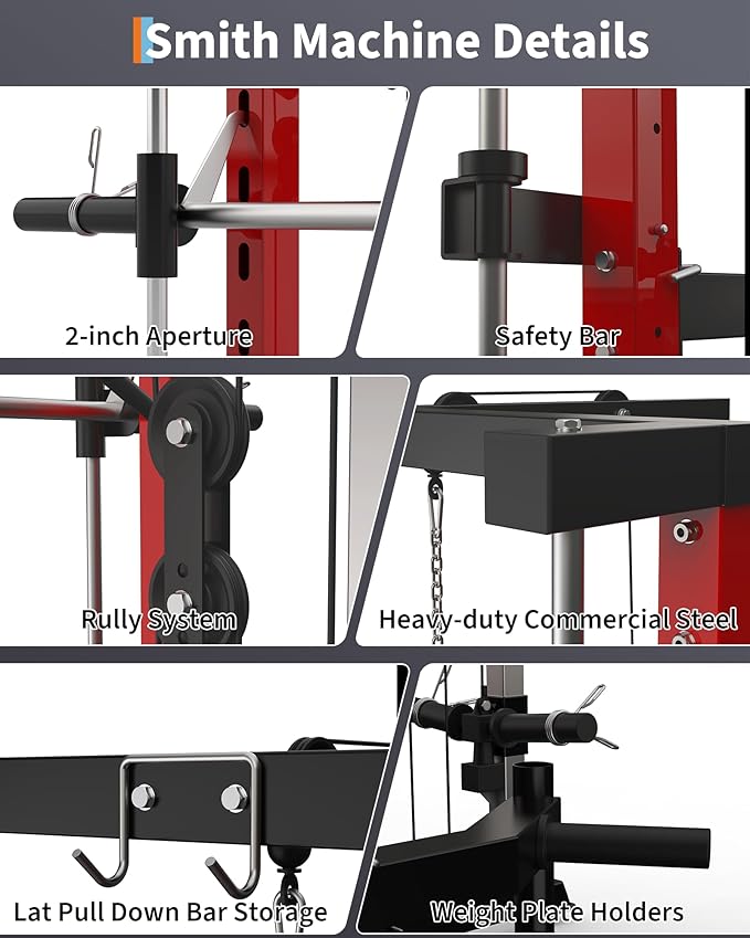 Smith Machine with Bench, Heavy Duty Power Cage Squat Rack with Smith Bar, LAT Pulldown System, Chest Station & More Training Attachment, Home Gym Equipment for Strengthen Training