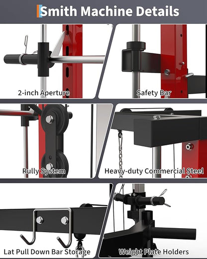 Smith Machine with Bench, Heavy Duty Power Cage Squat Rack with Smith Bar, LAT Pulldown System, Chest Station & More Training Attachment, Home Gym Equipment for Strengthen Training