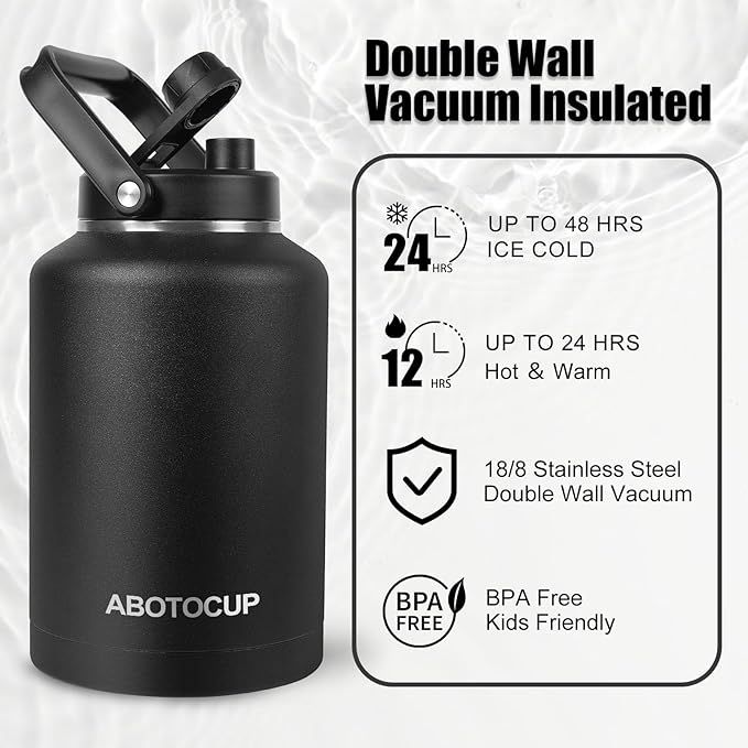1.5 Gallon Water Jug with Wide Mouth, 192oz Insulated Water Bottle Keep Cold24h&Hot12h, Comes with Ergonomic Handle, Two Double Walled 16oz 18/8 Stainless Steel Cups Thermo Canteen Mug